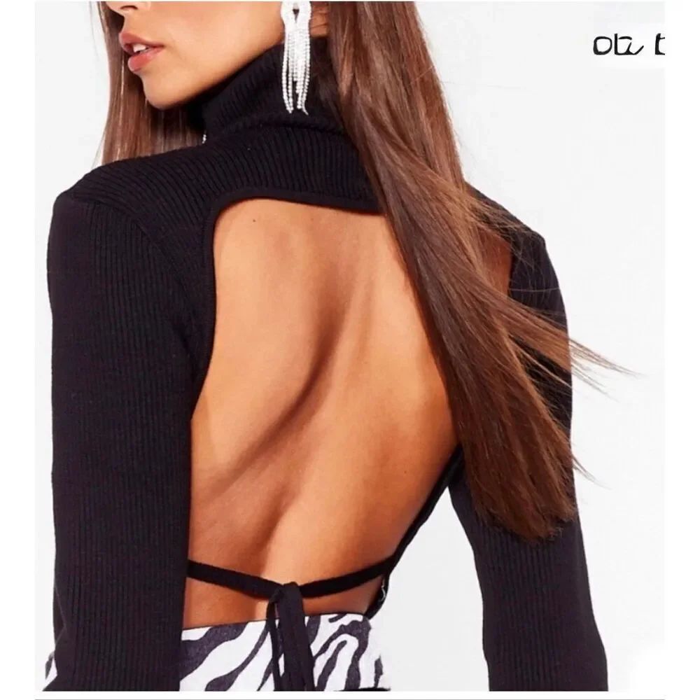 Nasty Gal Ribbed Crop Top Size 6 Black Turtleneck Open Back